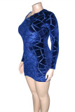 Blaue Mode Sexy Plus Size Solide ausgehöhlte, durchsichtige, langärmlige Kleider mit Reißverschlusskragen