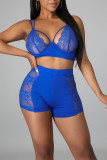 Royal Blue Sexy Solid Hollow Out Make Old Mesh Spaghetti Strap Sin mangas Dos piezas