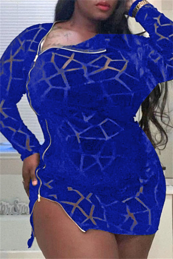 Bleu mode sexy grande taille solide évidé col à glissière transparent robes à manches longues