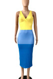 Yellow Casual Striped Print Patchwork V Neck Pencil Skirt Dresses