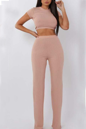 Pink Casual Solid Patchwork O Neck Short Sleeve Two Pieces