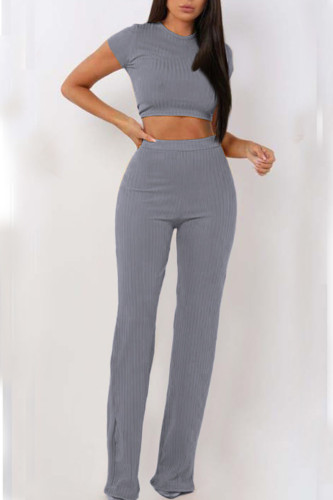 Grey Casual Solid Patchwork O Neck Short Sleeve Two Pieces