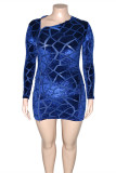 Blå Mode Sexig Plus Size Solid urholkad genomskinlig dragkedja krage Långärmade klänningar