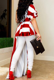 Red Street Striped Print Patchwork Assimétrico Gola Oblíqua Vestidos Irregulares