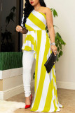 White Yellow Street Striped Print Patchwork Asymmetrical Oblique Collar Irregular Dress Dresses