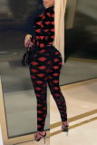 Red Sexy Solid Mesh Zipper Collar Skinny Jumpsuits