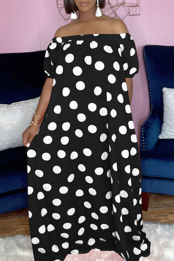 Zwarte mode casual dot print backless off-shoulder jurk met korte mouwen