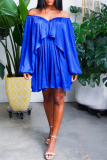 Blue Casual Solid Patchwork Off the Shoulder Cake Skirt Plus Size Dresses