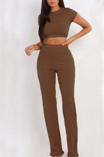 Coffee Casual Solid Patchwork O Neck Short Sleeve Two Pieces