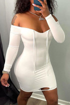 White Sexy Solid Hollowed Out Patchwork Frenulum Off the Shoulder Pencil Skirt Dresses