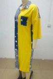 Robes droites jaunes à imprimé patchwork avec poches et boutons à col rabattu