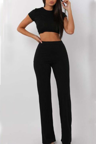 Black Casual Solid Patchwork O Neck Short Sleeve Two Pieces