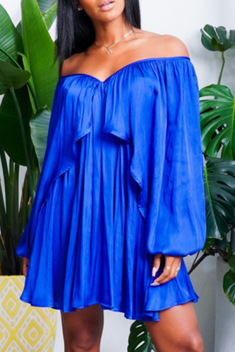 Синяя повседневная однотонная лоскутная юбка с открытыми плечами и тортом Платья больших размеров