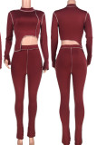Burgundy Casual Solid Patchwork Asymmetrical Half A Turtleneck Long Sleeve Two Pieces