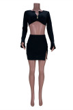Black Fashion Sexy Solid Zipper V Neck Two Pieces