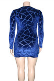 Blue Fashion Sexy Plus Size Solid Hollowed Out See-through Zipper Collar Long Sleeve Dresses