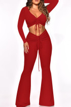 Red Fashion Casual Solid Draw String V-hals Long Sleeve Two Pieces