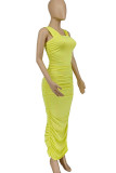 Yellow Elegant Solid Patchwork Fold Square Collar Pencil Skirt Dresses