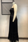 ブラック セクシー ソリッド パッチワーク 小帯 バックレス フラウンス ストラップレス A ライン プラス サイズ ドレス
