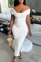 Vestidos de falda lápiz con cuello cuadrado y pliegue liso elegante blanco