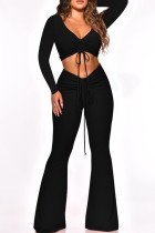 Noir Fashion Casual Solid Draw String V Neck Long Sleeve Two Pieces