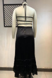 ブラック セクシー ソリッド パッチワーク 小帯 バックレス フラウンス ストラップレス A ライン プラス サイズ ドレス