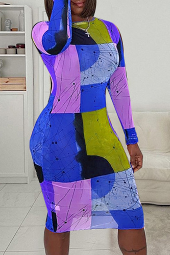 Diepblauwe sexy print patchwork o-hals kokerrok plus maten jurken