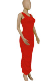 Red Elegant Solid Patchwork Fold Square Collar Pencil Skirt Dresses