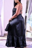 Zwart sexy effen patchwork frenulum rugloze volant strapless A-lijn plus size jurken