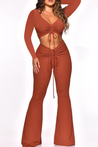Orange Fashion Casual Solid Draw String V Neck Long Sleeve Two Pieces