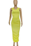 Yellow Elegant Solid Patchwork Fold Square Collar Pencil Skirt Dresses