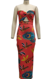 Red Sexy Print Hollowed Out Strapless Pencil Skirt Dresses