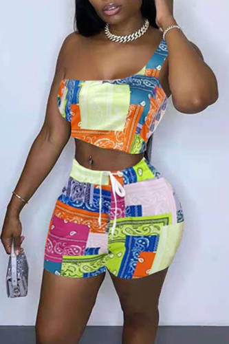 Fluorescent Yellow Street Geometric Print Patchwork Oblique Collar Sleeveless Two Pieces