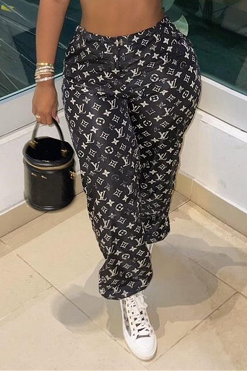 

Black Fashion Casual Print Basic Regular High Waist Conventional Full Print Bottoms
