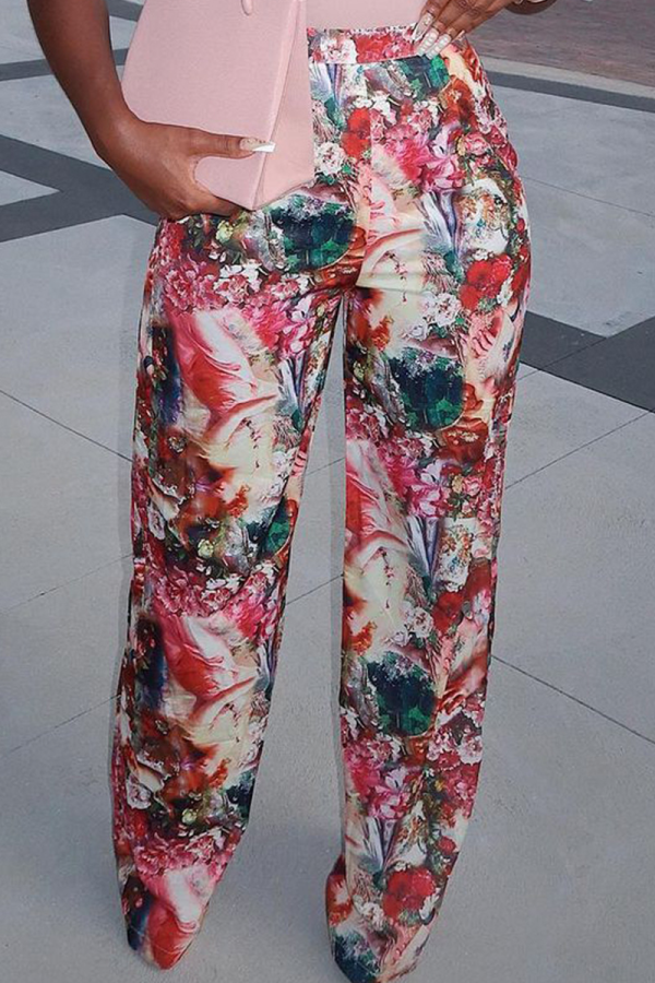 Red Sexy Print Patchwork Straight Mid Waist Straight Full Print Bottoms