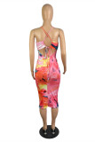 Multicolor Fashion Sexy Print Backless V Neck Sling Dress