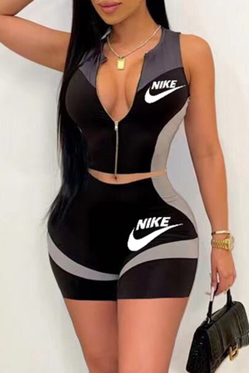 

Black Casual Sportswear Print Basic Zipper Collar Sleeveless Two Pieces