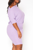 Purple Casual Solid Patchwork Off the Shoulder Pencil Skirt Plus Size Two Pieces