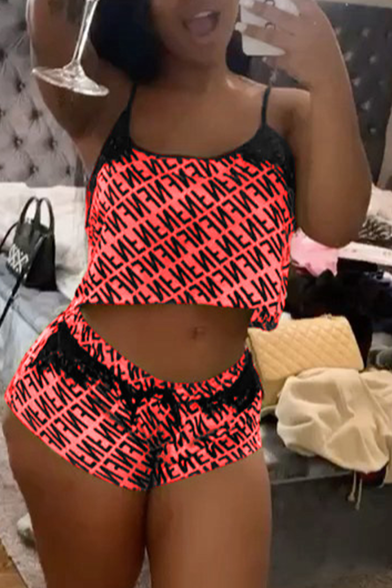 

Pink Sexy Print Mesh Spaghetti Strap Sleeveless Two Pieces