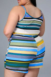 Peacock Blue Sexy Casual Striped Print Spaghetti Strap Plus Size Barboteuse