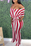 Red Fashion Casual Striped Print Backless Off the Shoulder Regular Jumpsuits