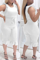 White Fashion Casual Solid Basic O Neck Regular Jumpsuits