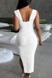 ホワイトのエレガントなソリッドパッチワークフォールドスクエアカラーペンシルスカートドレス