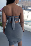 Dark Gray Sexy Solid Patchwork Strapless Sleeveless Two Pieces