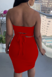 Red Sexy Solid Patchwork Strapless Sleeveless Two Pieces
