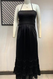 Zwart sexy effen patchwork frenulum rugloze volant strapless A-lijn plus size jurken