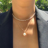 Collar de moda de oro de doble capa con colgante de perla y cadena de perlas