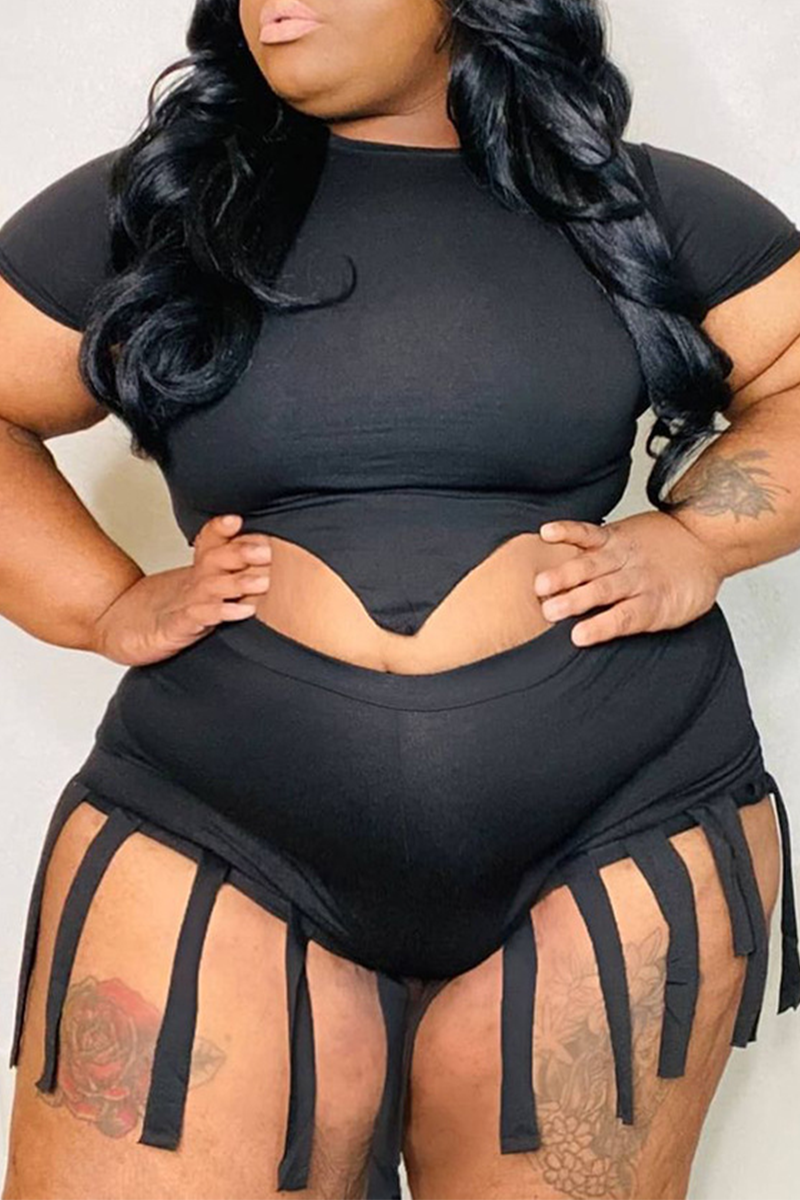 

Black Sexy Solid Tassel O Neck Plus Size Two Pieces