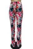 Red Sexy Print Patchwork Straight Mid Waist Straight Full Print Bottoms