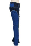 Dark Blue Street Solid Patchwork High Waist Flare Leg Boot Cut Denim Jeans